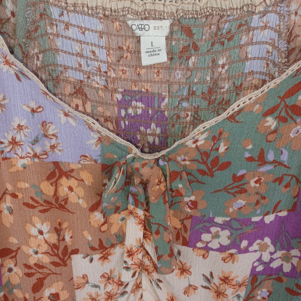 Cato Floral Patchwork Babydoll Boho Top L Milkmaid Smocked Cottagecore Peasant - Picture 3 of 11